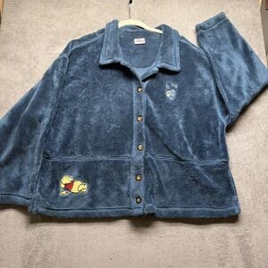 Disney Store Winnie‎ the Pooh Fleece Jacket Blue Button Front Embroidered Womens